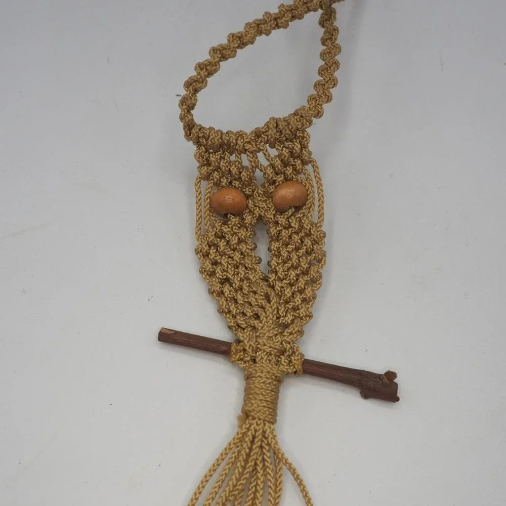 Handmade Owl Macrame Necklace Statement Pendant Boho Tan Wood Bead Tassel Fringe
